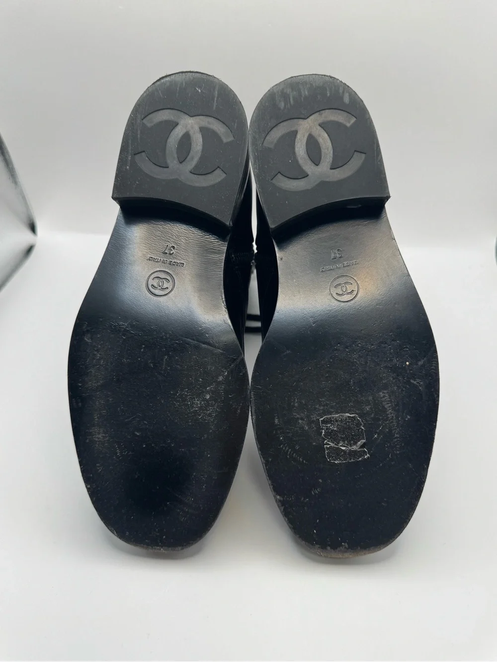 CHANEL Black Calfskin Leather Lace-Up Combat Boots CC Logo Size 37